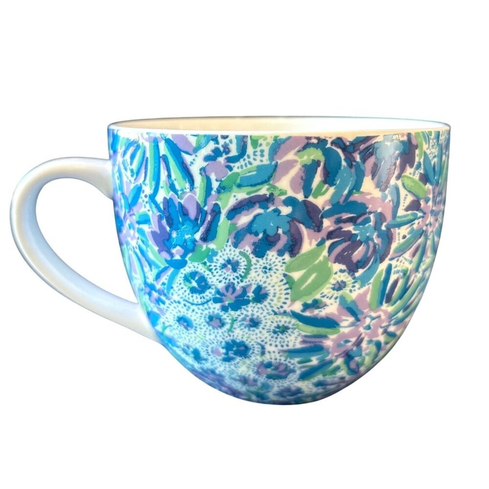 Lilly Pulitzer Coffee Cup Mug Hidden Lions Floral Blue Green Purple 3.25" X 4.25